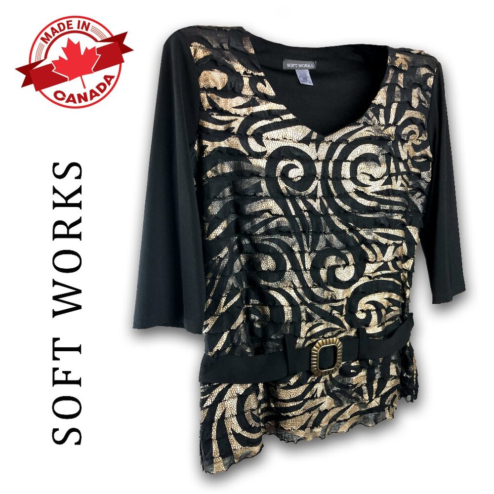 Made in Canada metallic gold & black swirl pattern layered 3/4 sleeve top  M - Picture 3 of 9